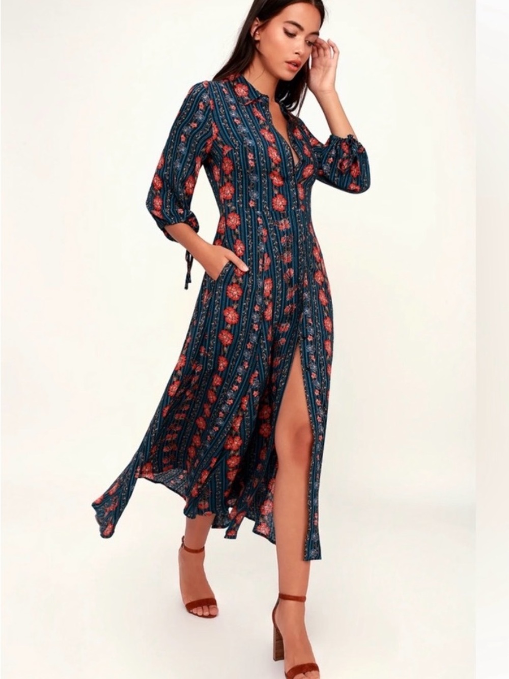 Lulu's Navy Maxi Dress with Coral Floral Print